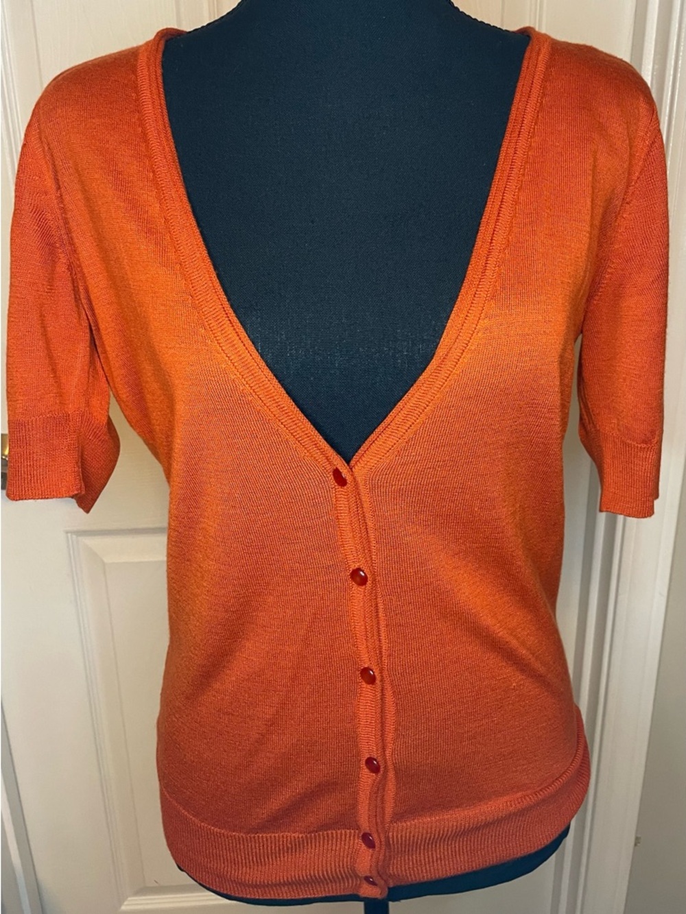New York & Company Bright Orange Knit Short Sleeve Cardigan
